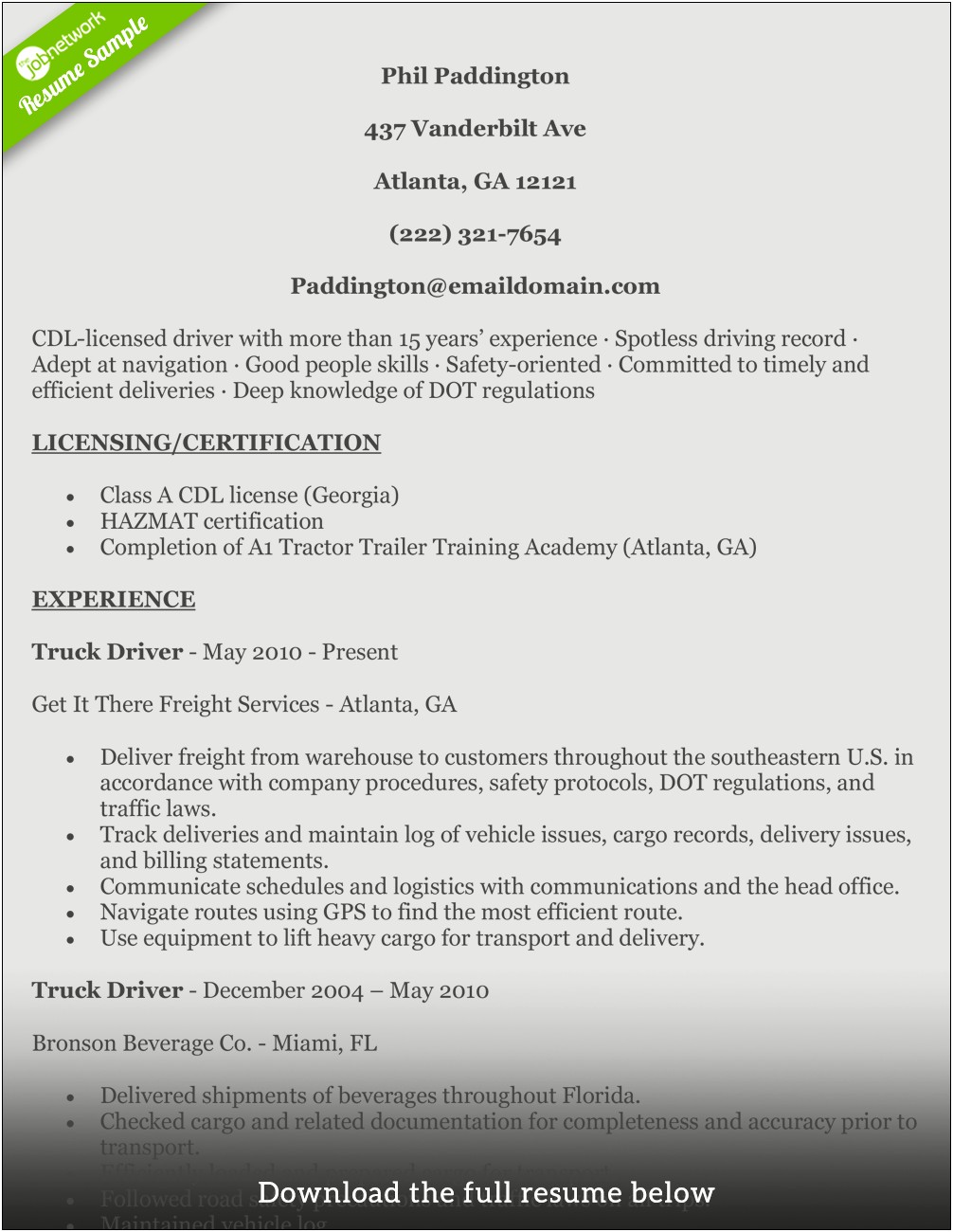 Free Samples Of Truck Driver Resumes