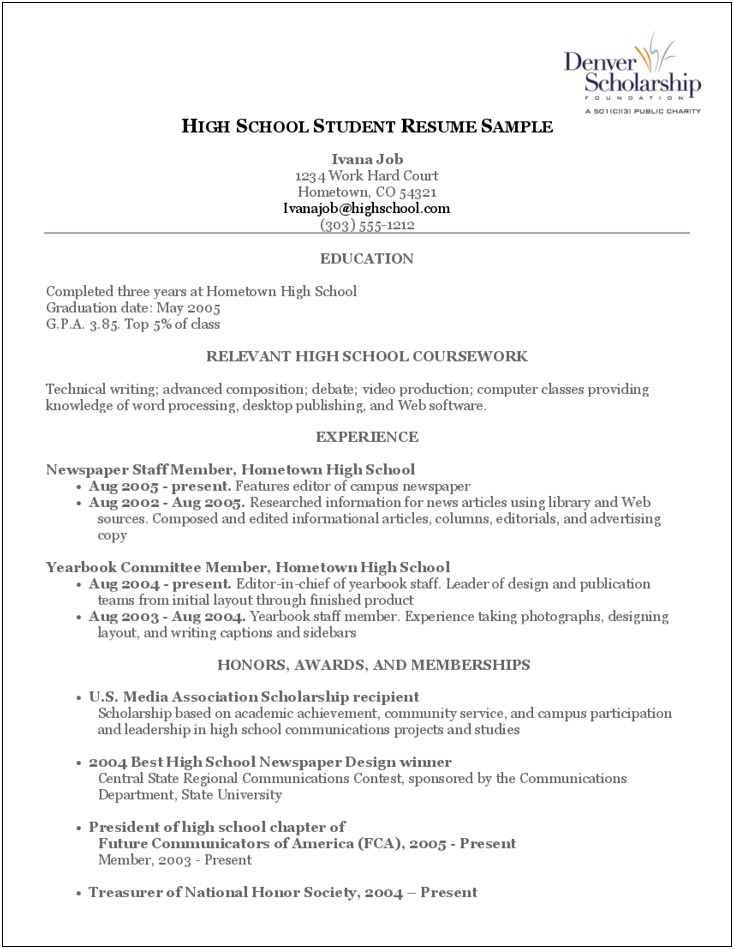 Free Simple Resume Template For High School Student