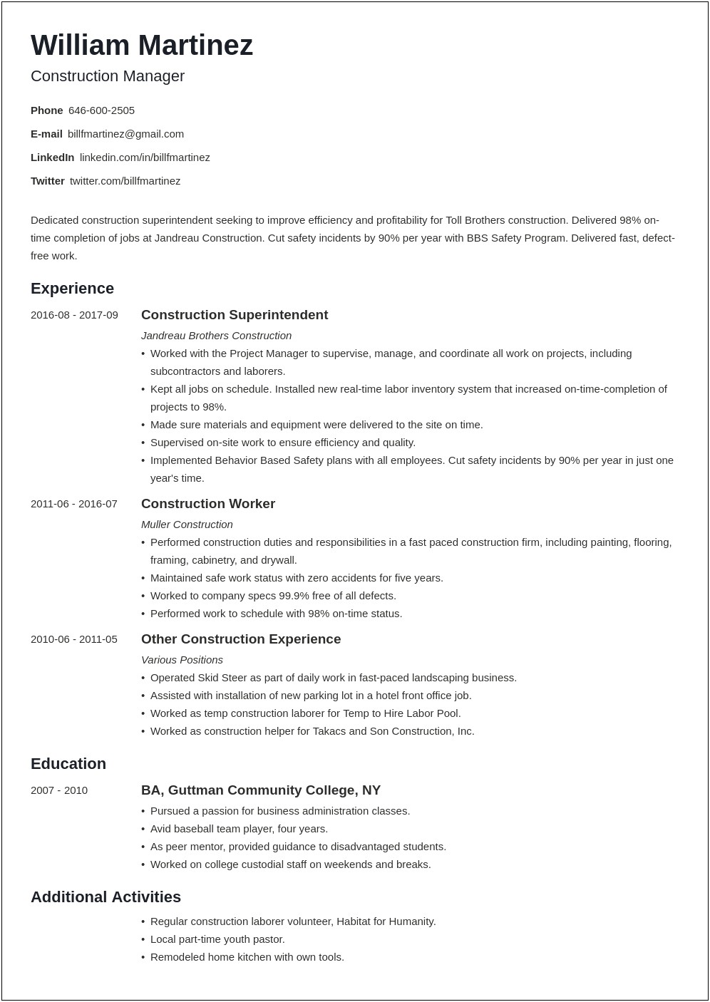 Free Template Of Construction Resume Examples