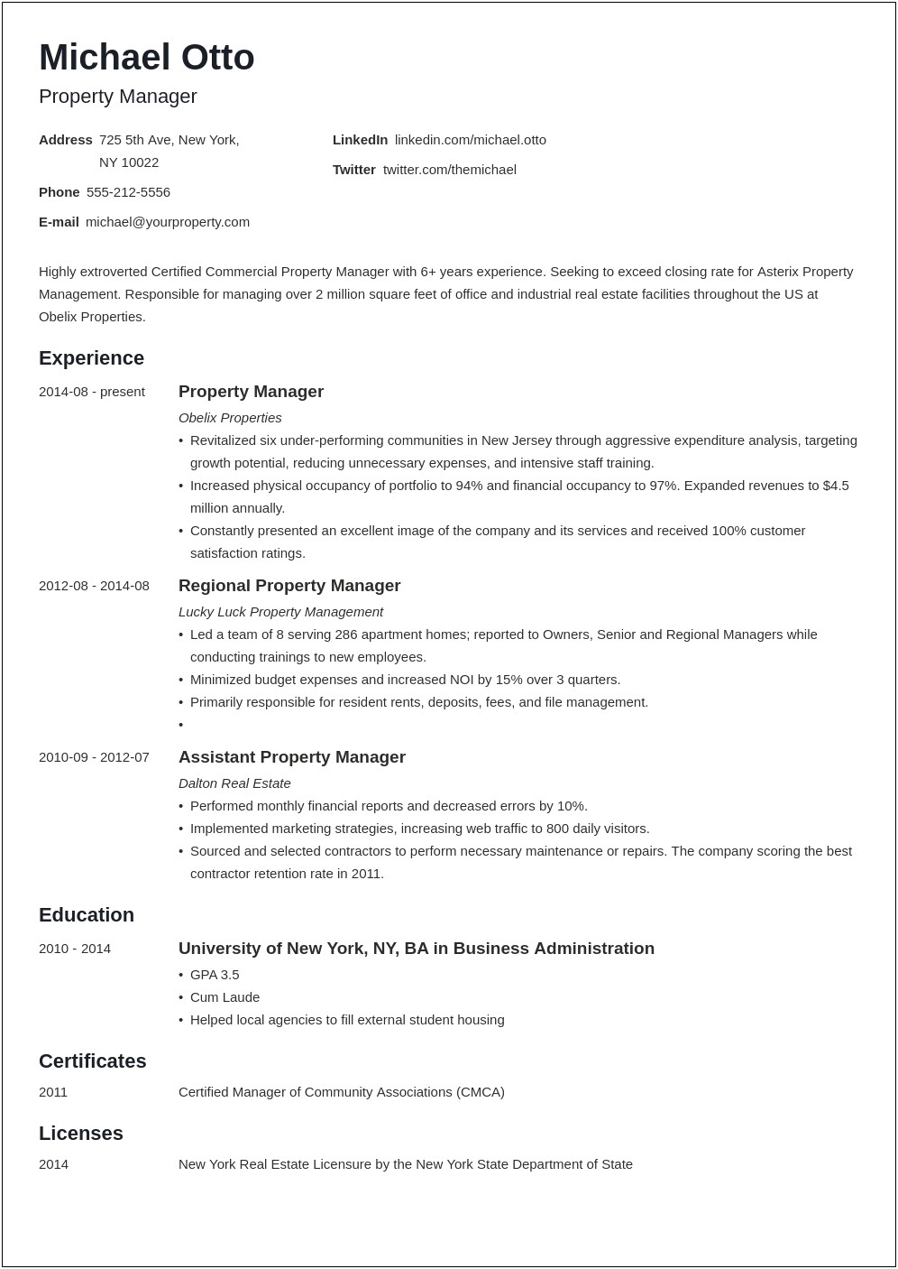 Free Templates Resume For Property Manager