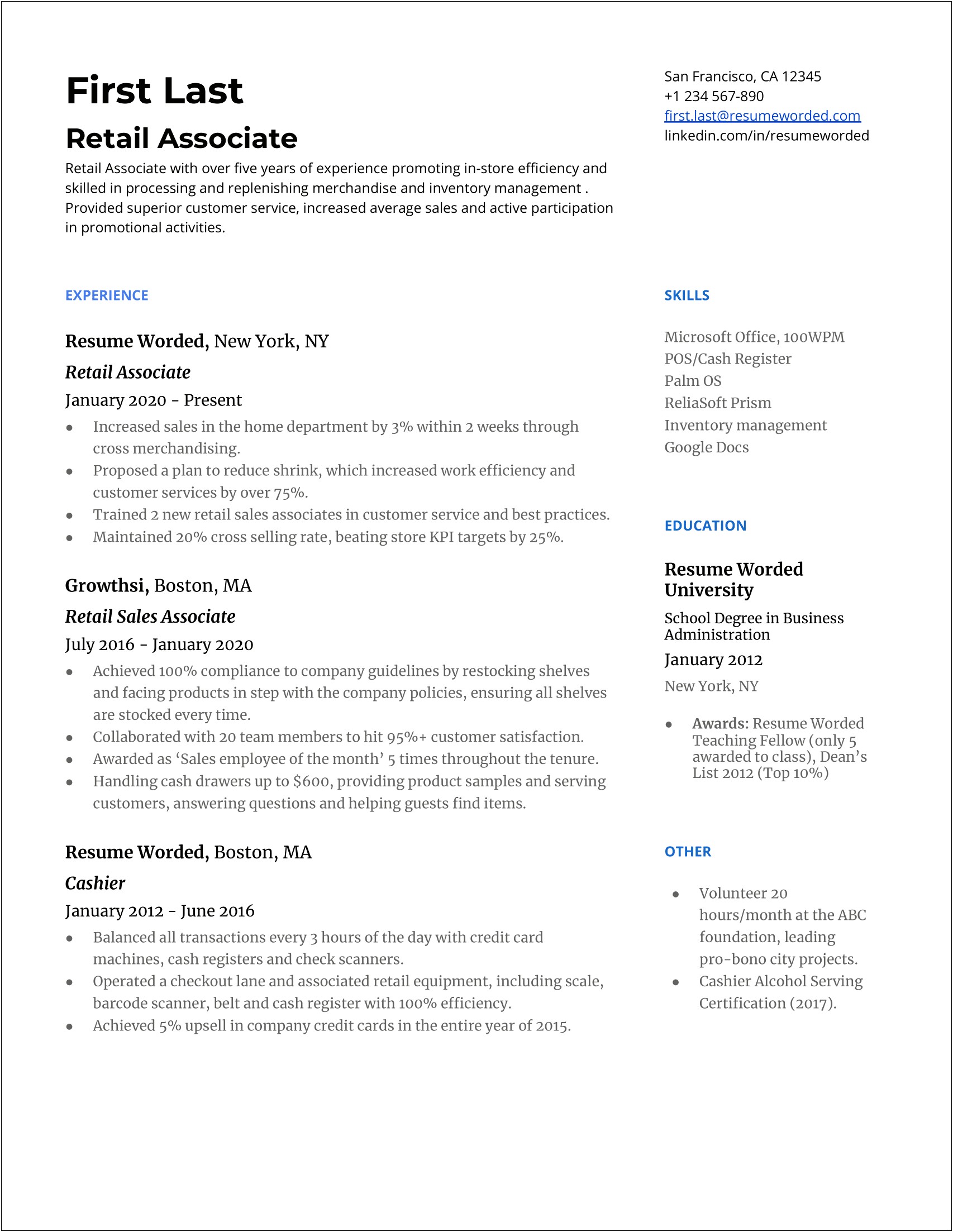 Free Word Resume Template For Retail