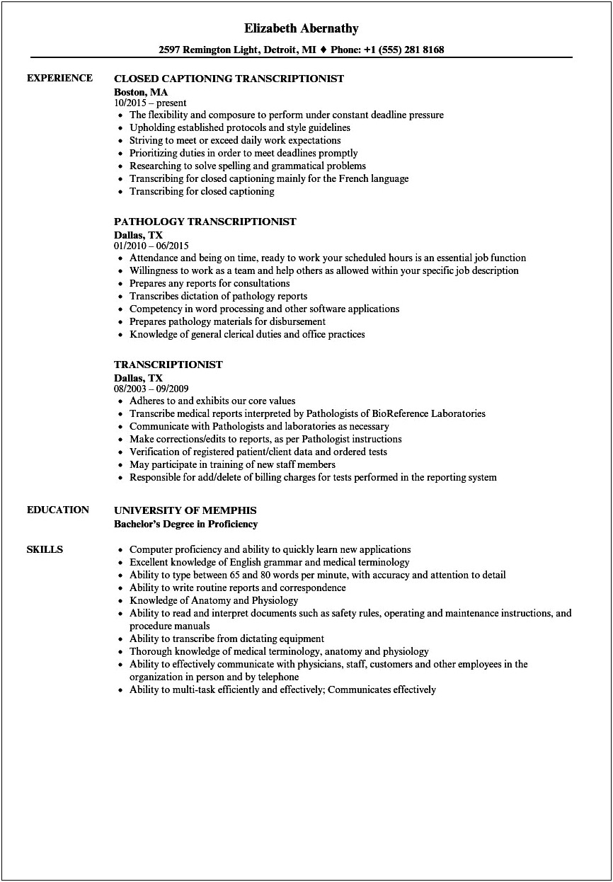 Freelance Transcriptionist And Writer Resume Samples