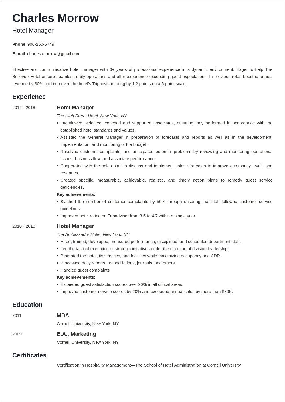 Front Of House Manager Profile Summary For Resume