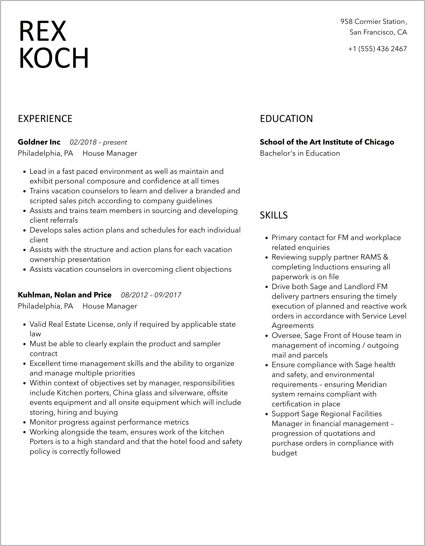 Front Of The House Manager Resume Sample