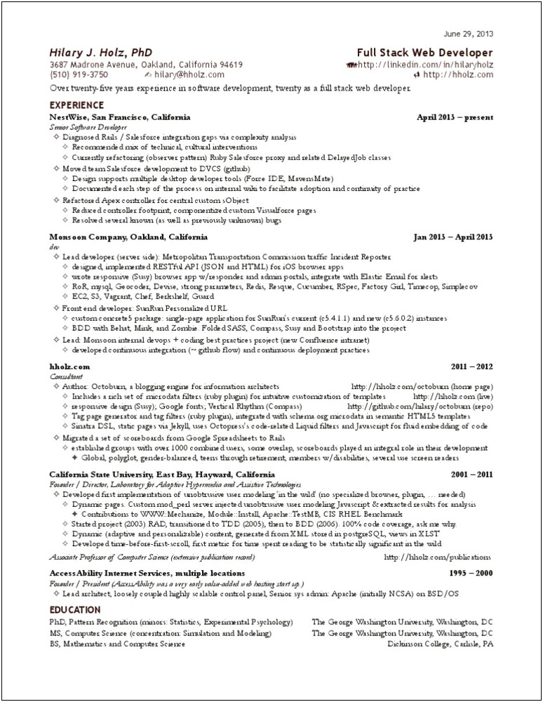 Full Stack Web Developer Resume Sample