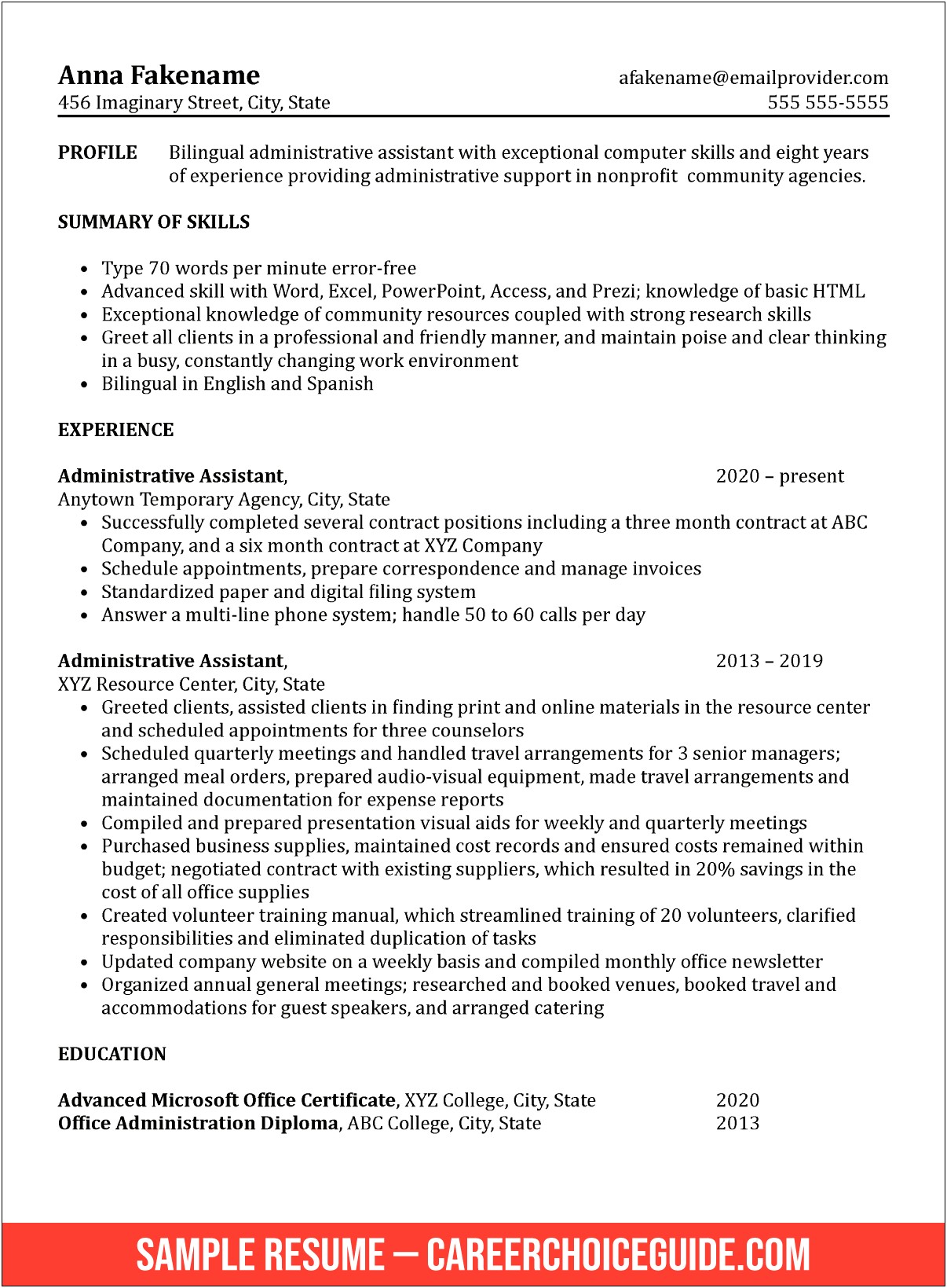 Functional Resume Example For An Administrative Assistant