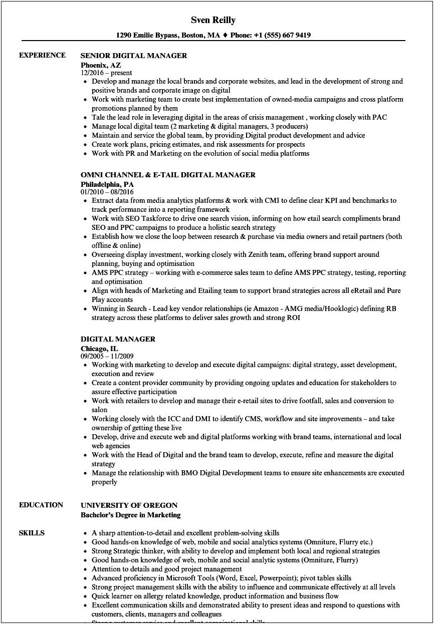 Functions As A Digital Manager For A Resume