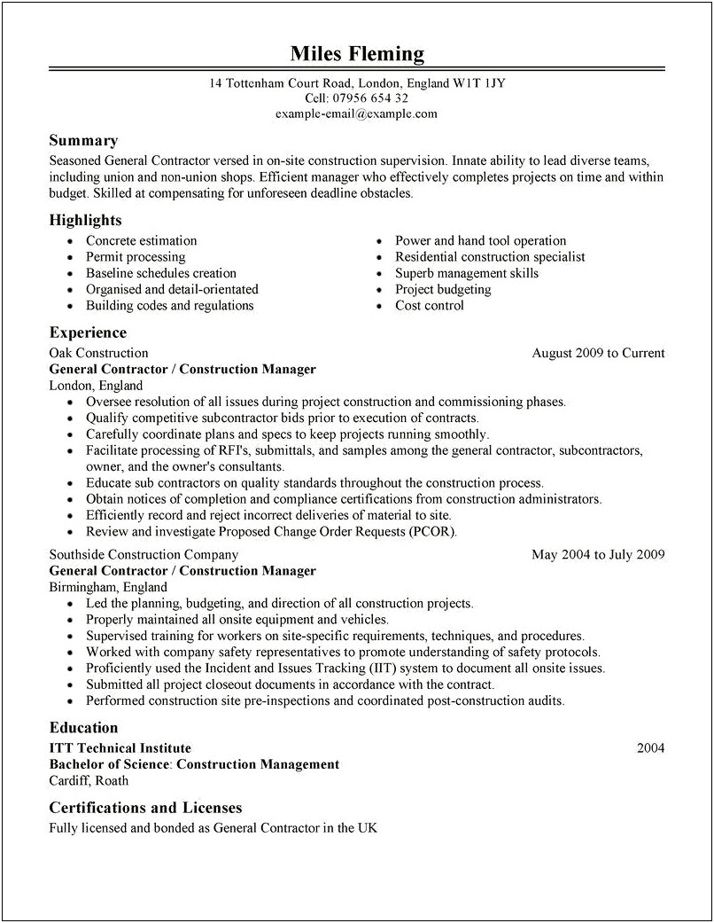 General Contractor Assistant Job Description Resume