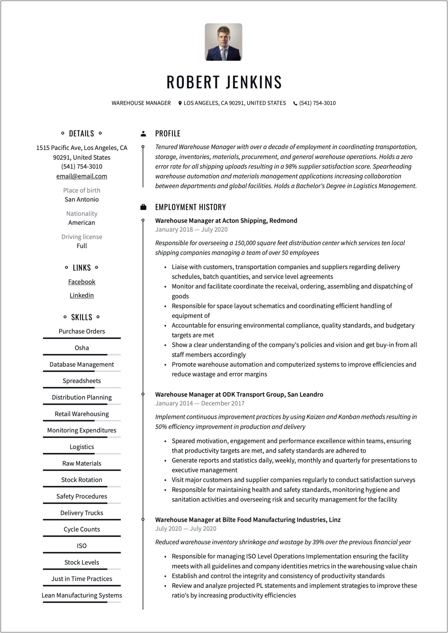 General Contractor Construction Business Owner Warehouse Resume Example