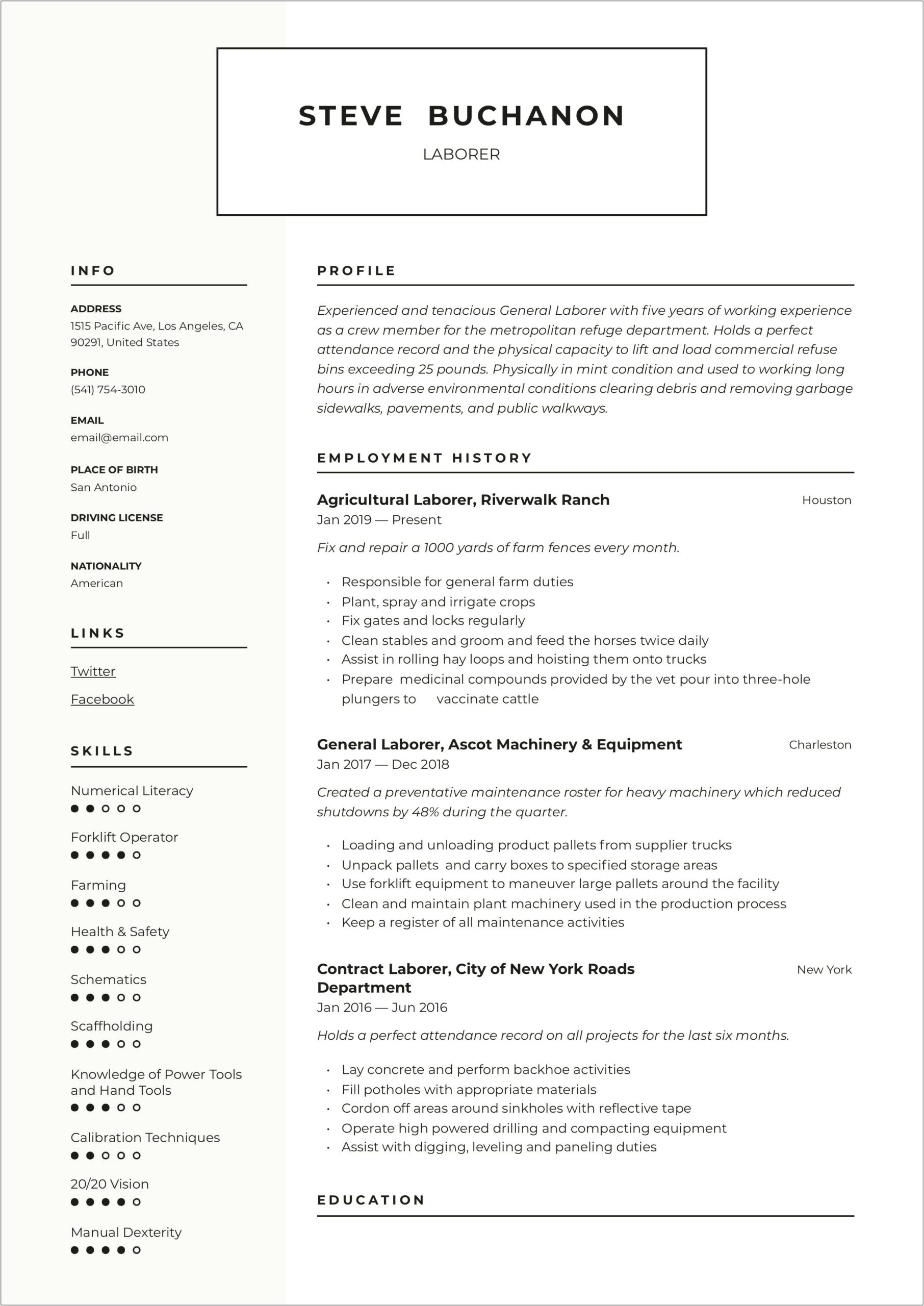 General Labour Job Description For Resume