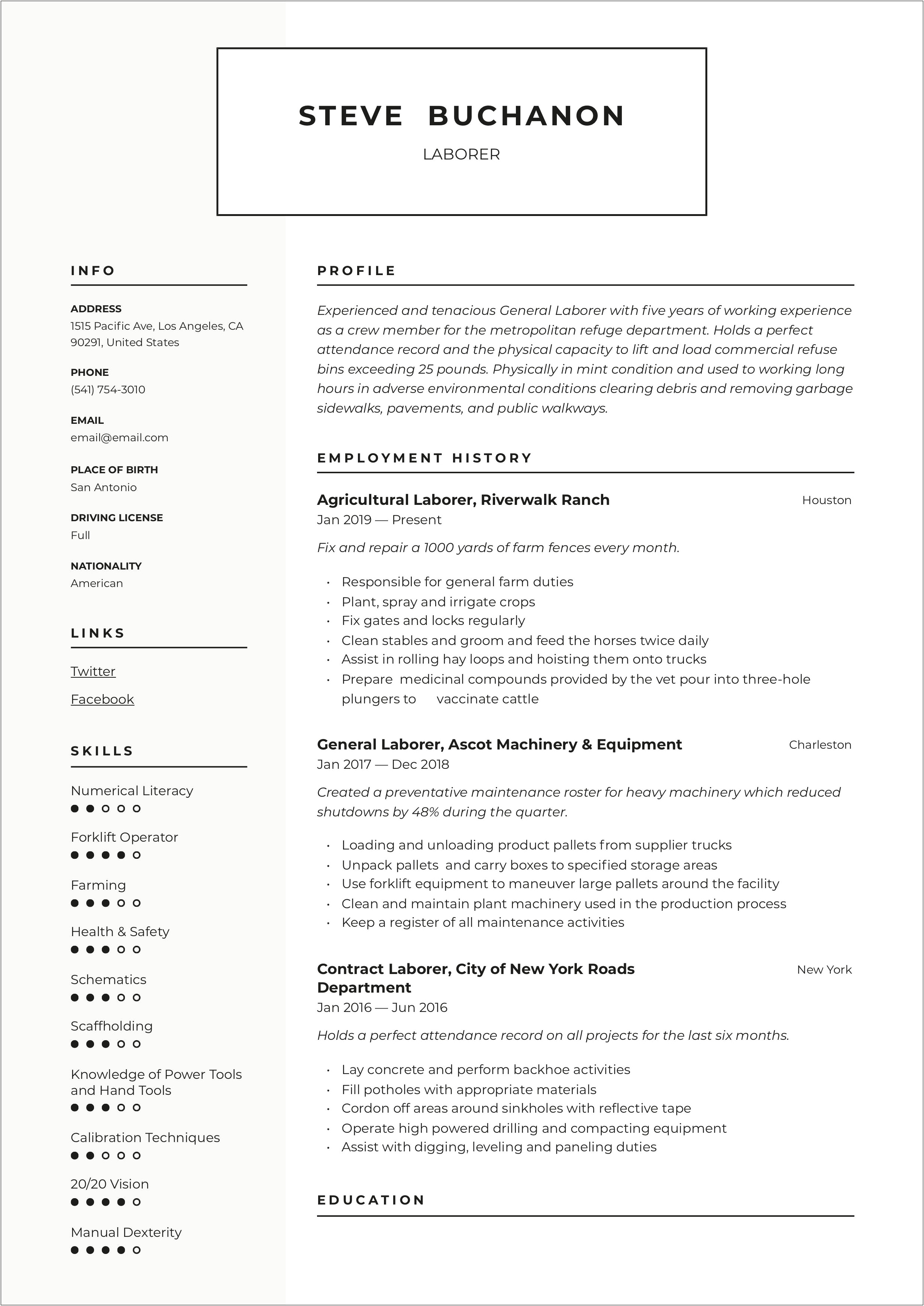 General Labour Job Description For Resume