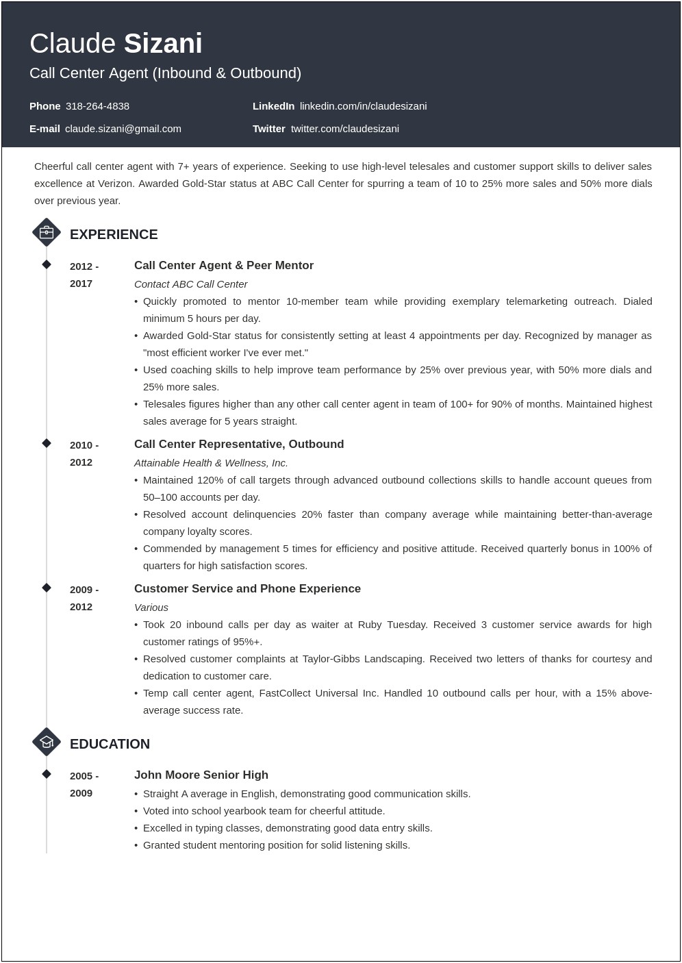 General Resume Objective Examples Call Center