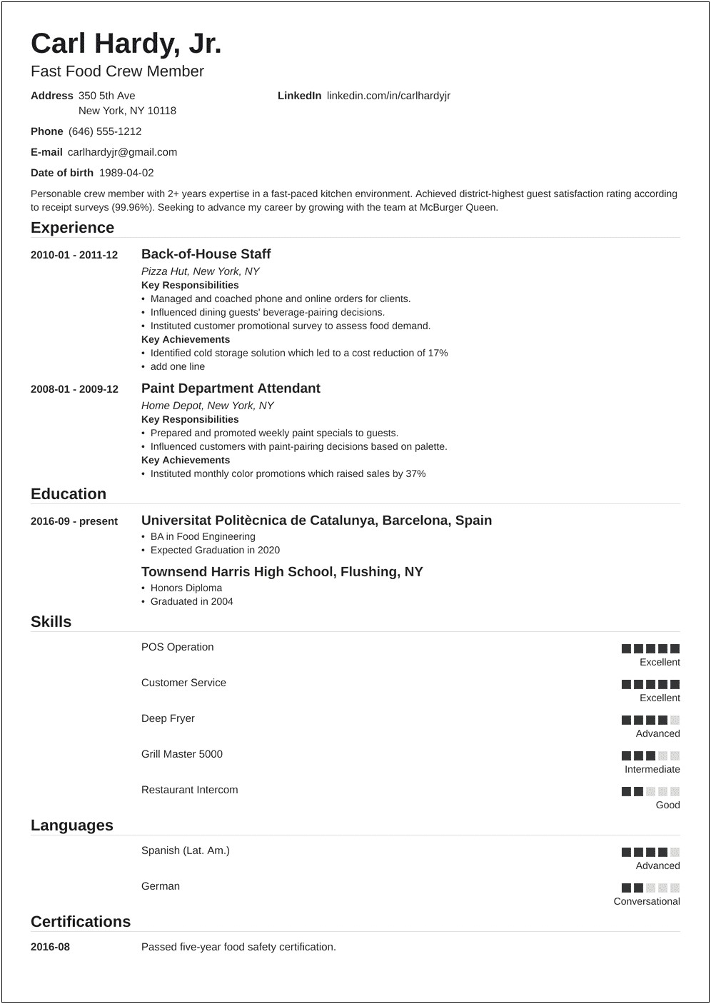 General Resume Objective Examples For Fast Food