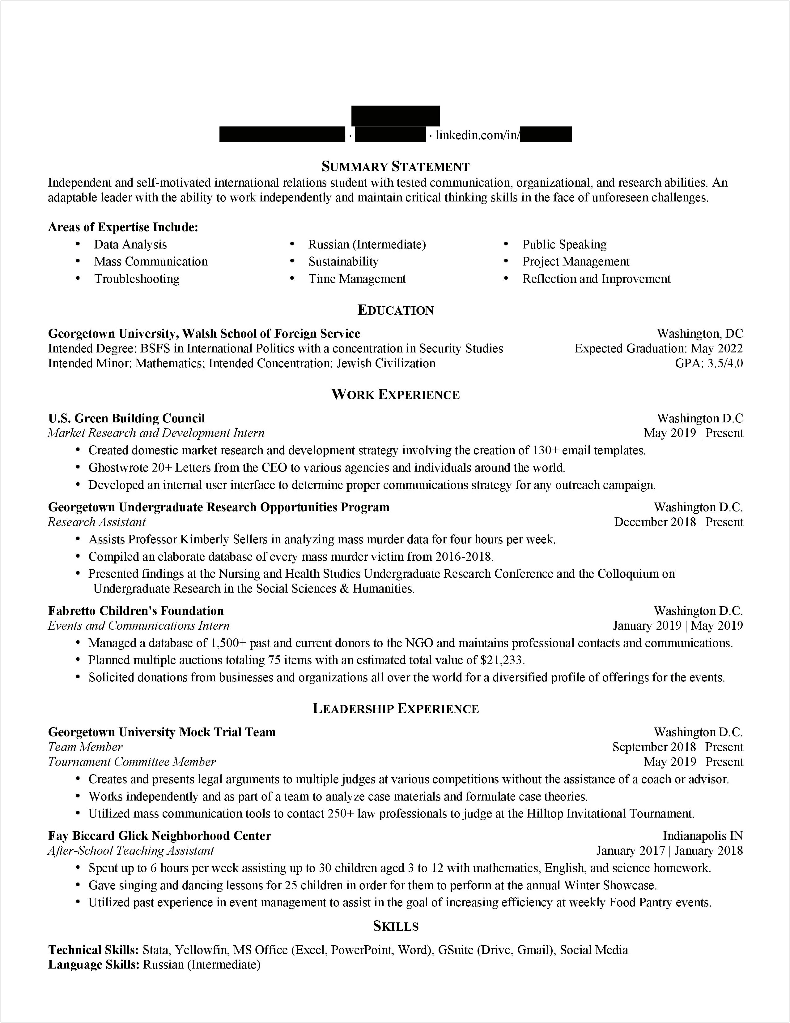 Georgetown School Of Foreign Service Resume