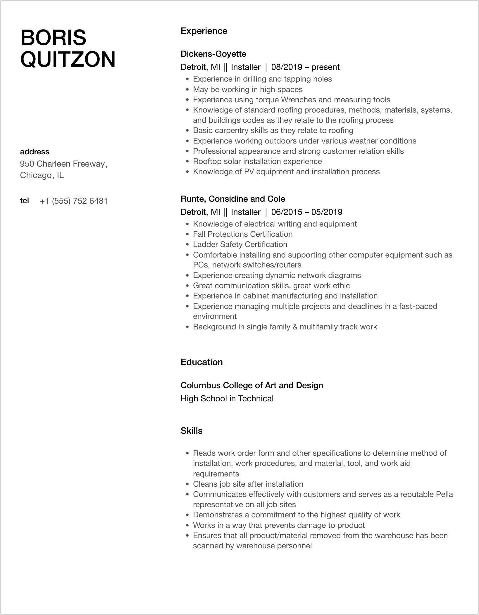 Glass Installer Job Description For Resume