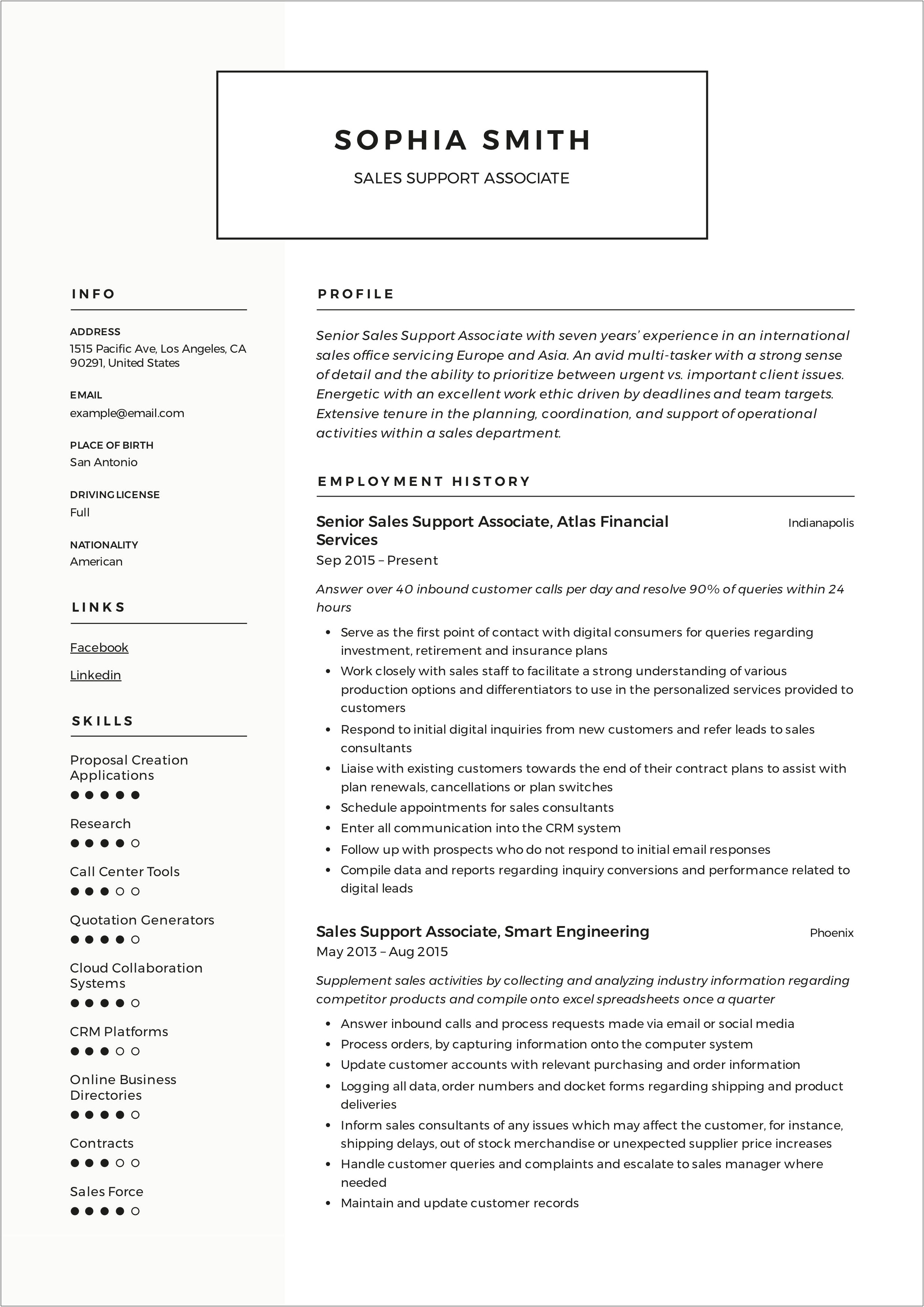 Good Example Of Sales Support Specialist Resume