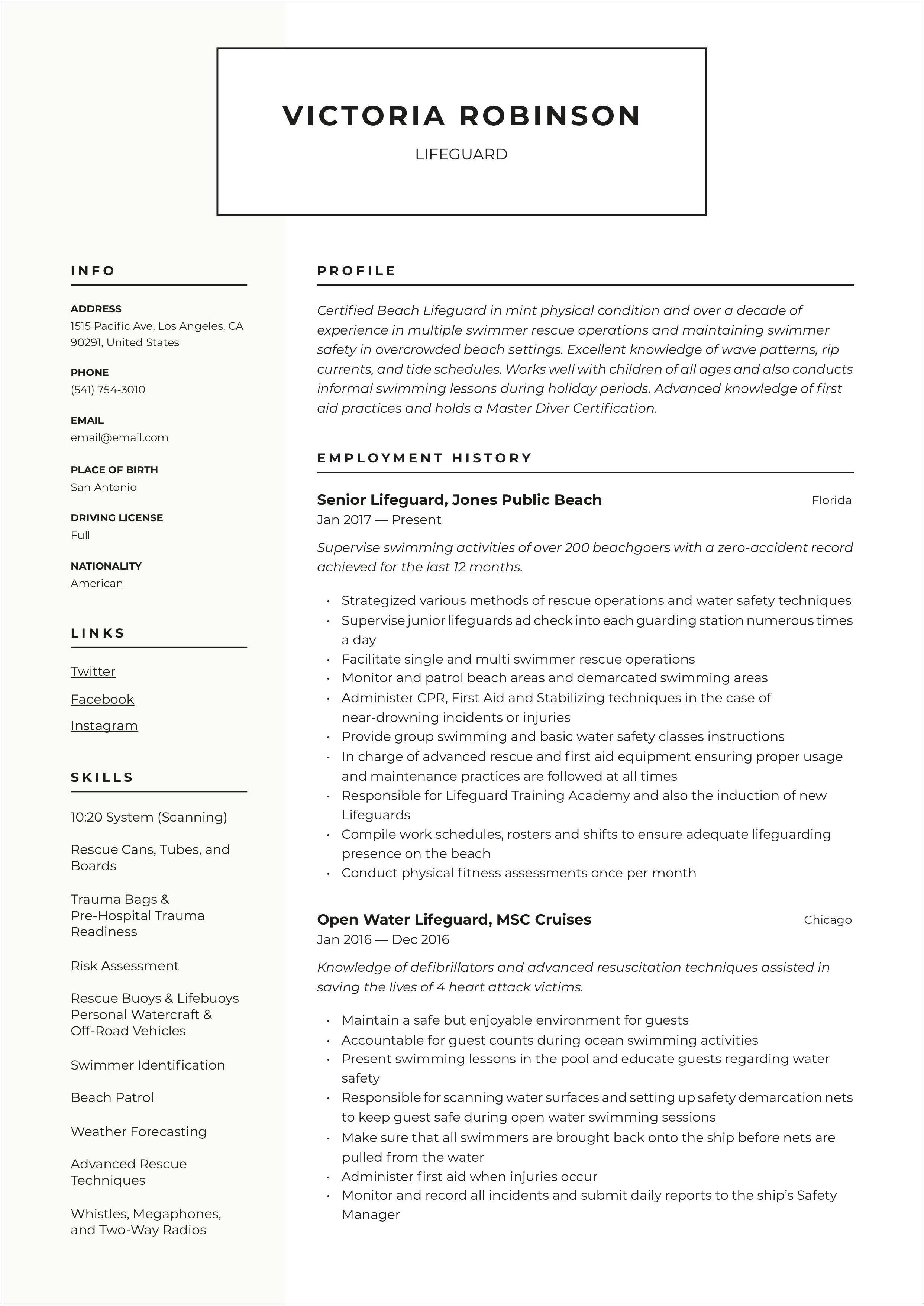 Good Lines For Lifegaurding Job On A Resume