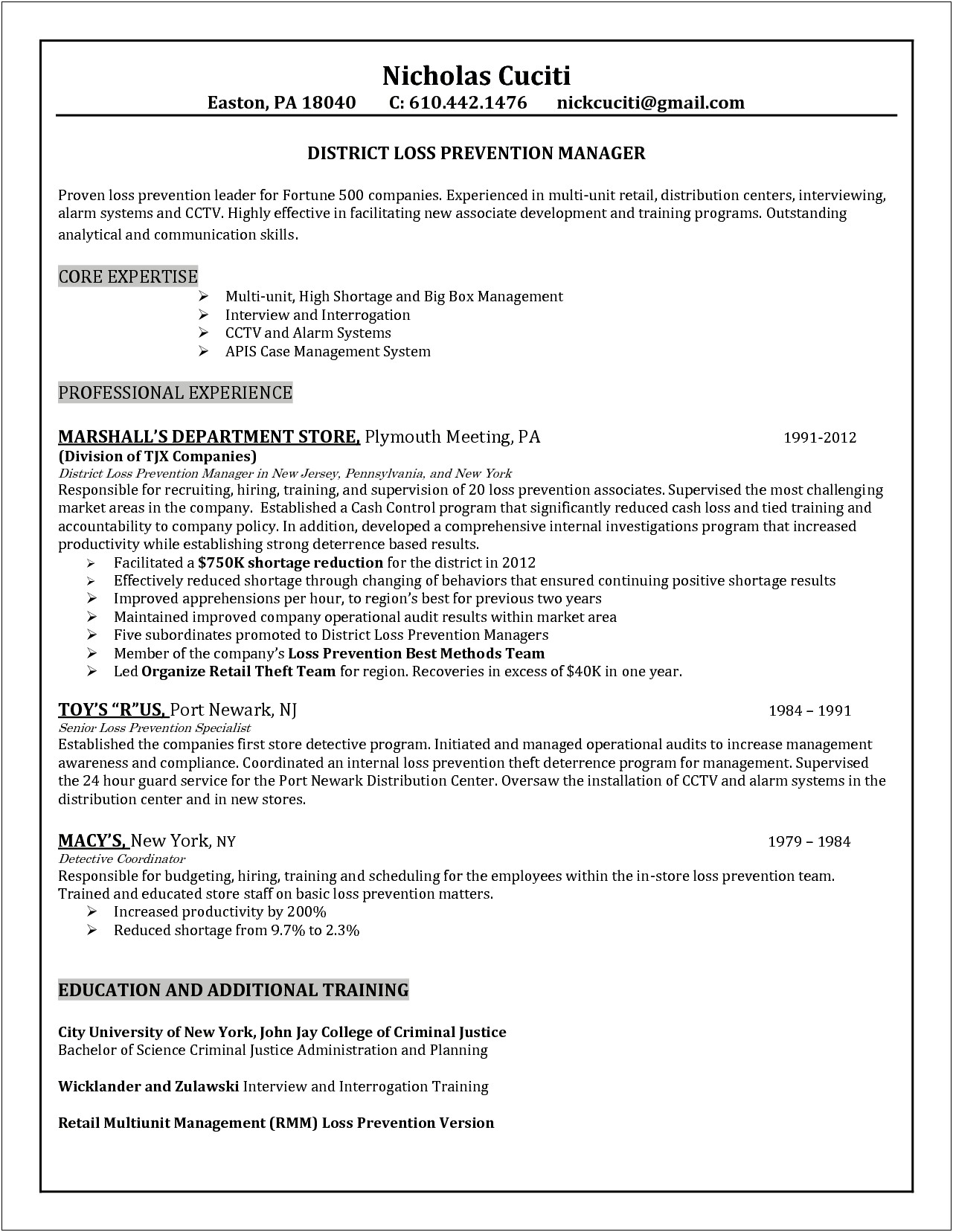 Good Objective For Loss Prevention Resume