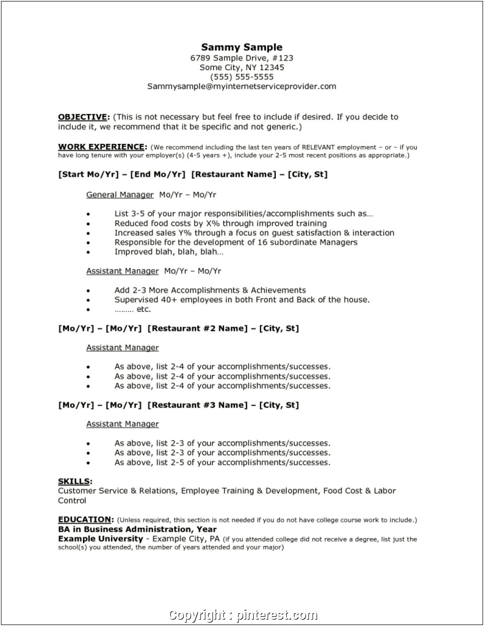 Good Resume Examples For Restaurants Job