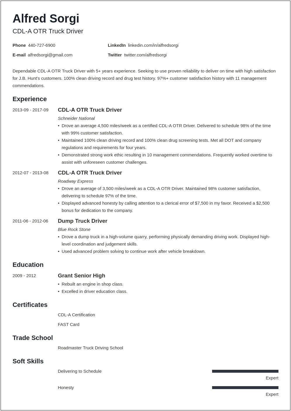 Good Resume Examples For Truck Driver