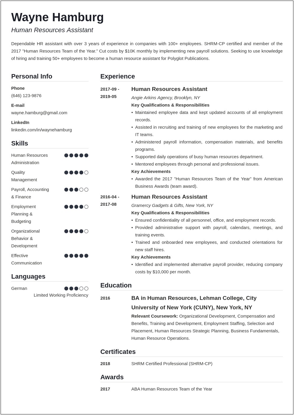 Good Resume For A Human Resources Assistant Position