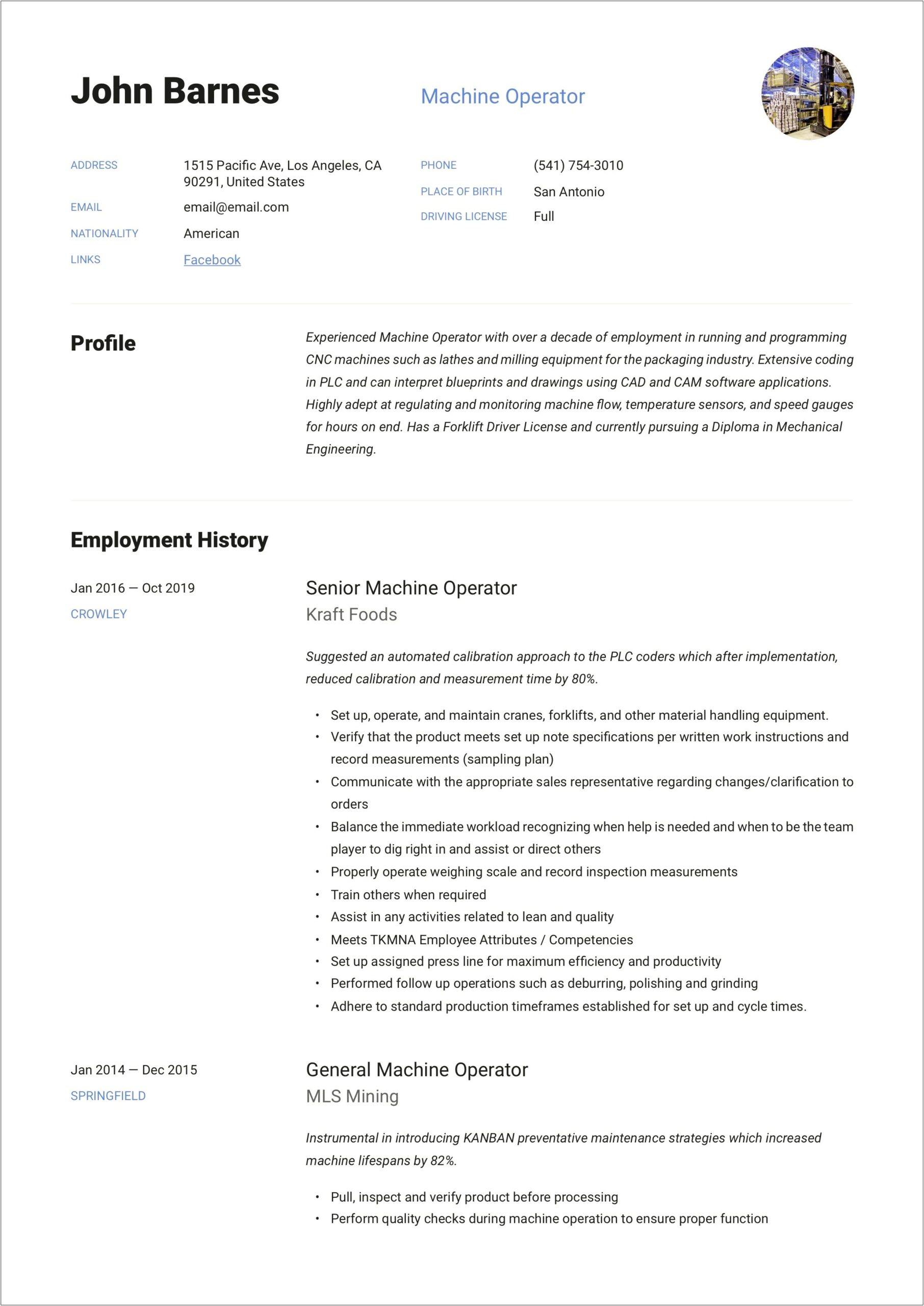 Good Resume For Forklift Or Machine Operator