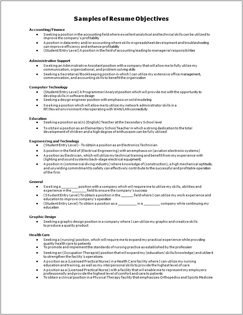 Good Resume Objectivs For It Support Positions