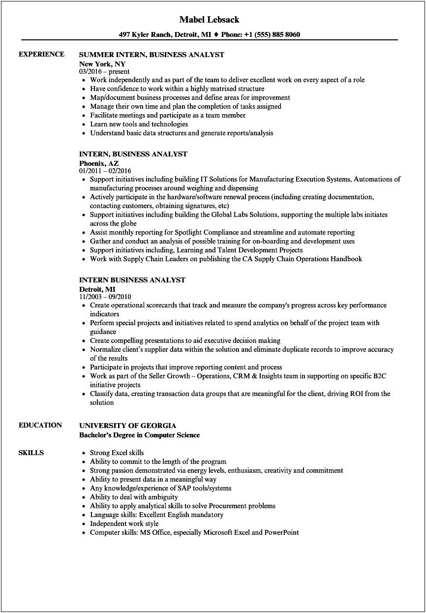 Good Resume Points For Business Analyst Interns