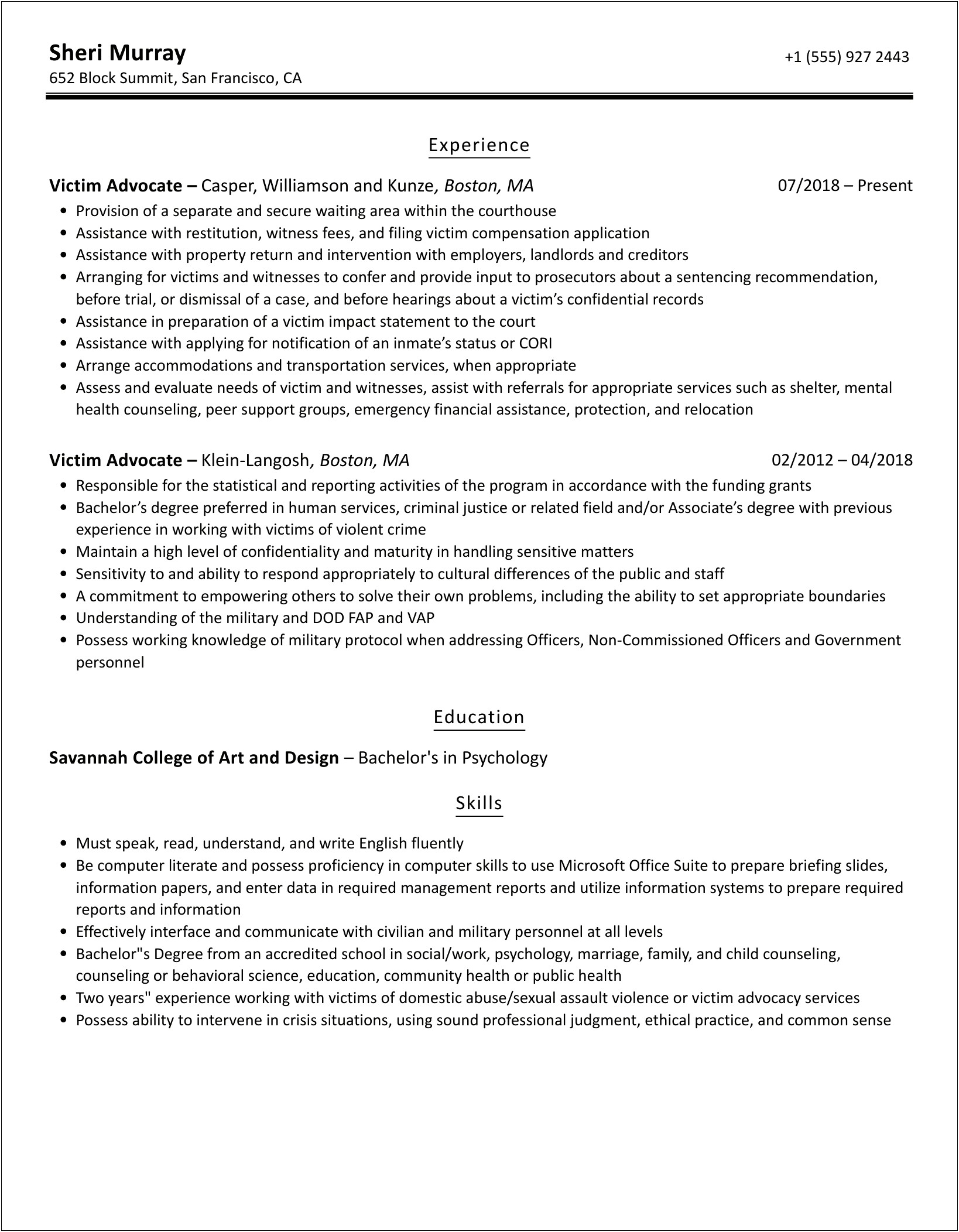 Good Resume Summary For A Victim Advocate
