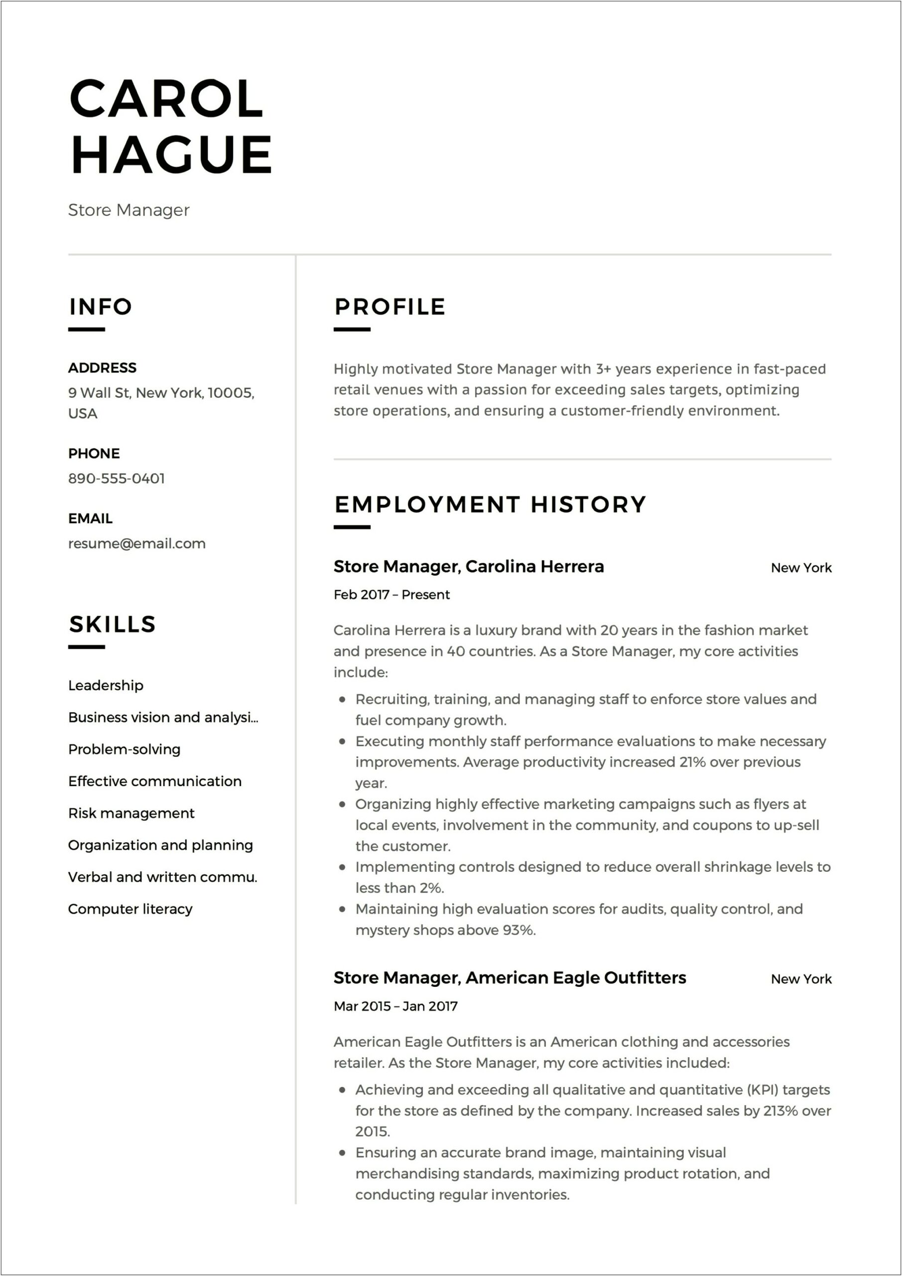 Good Resume Suummieries For Store Managers