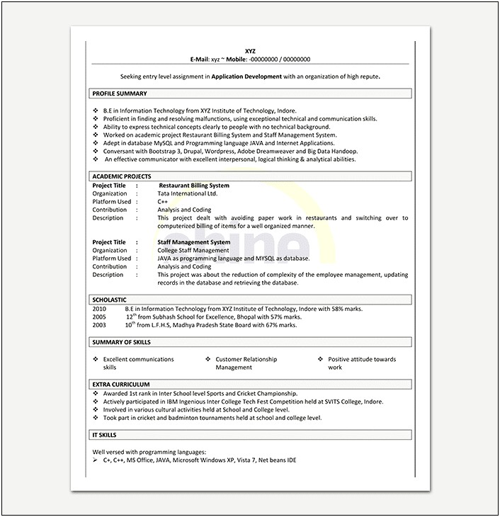 Good Sample Resume For Mba Freshers