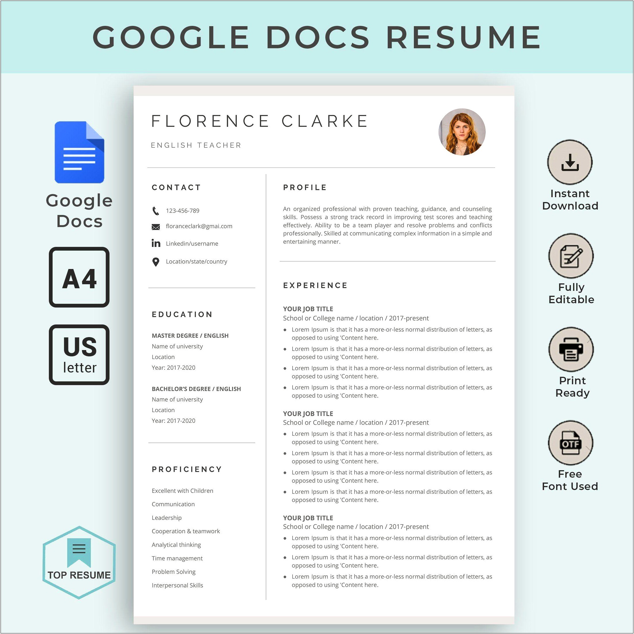 Google Docs Resume Template Free Download