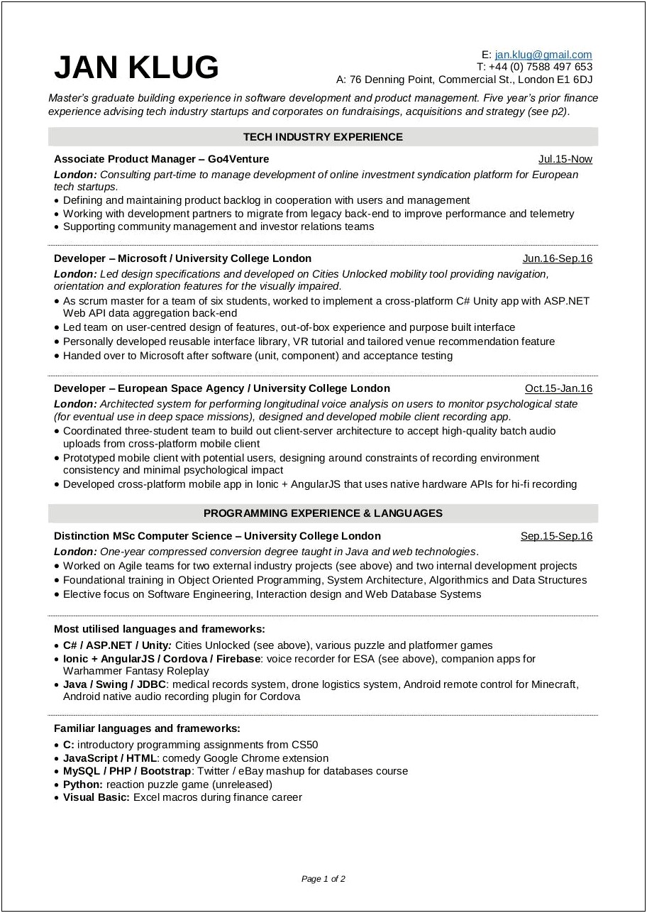 Google Resume Prior Experience With Programming Languaeg