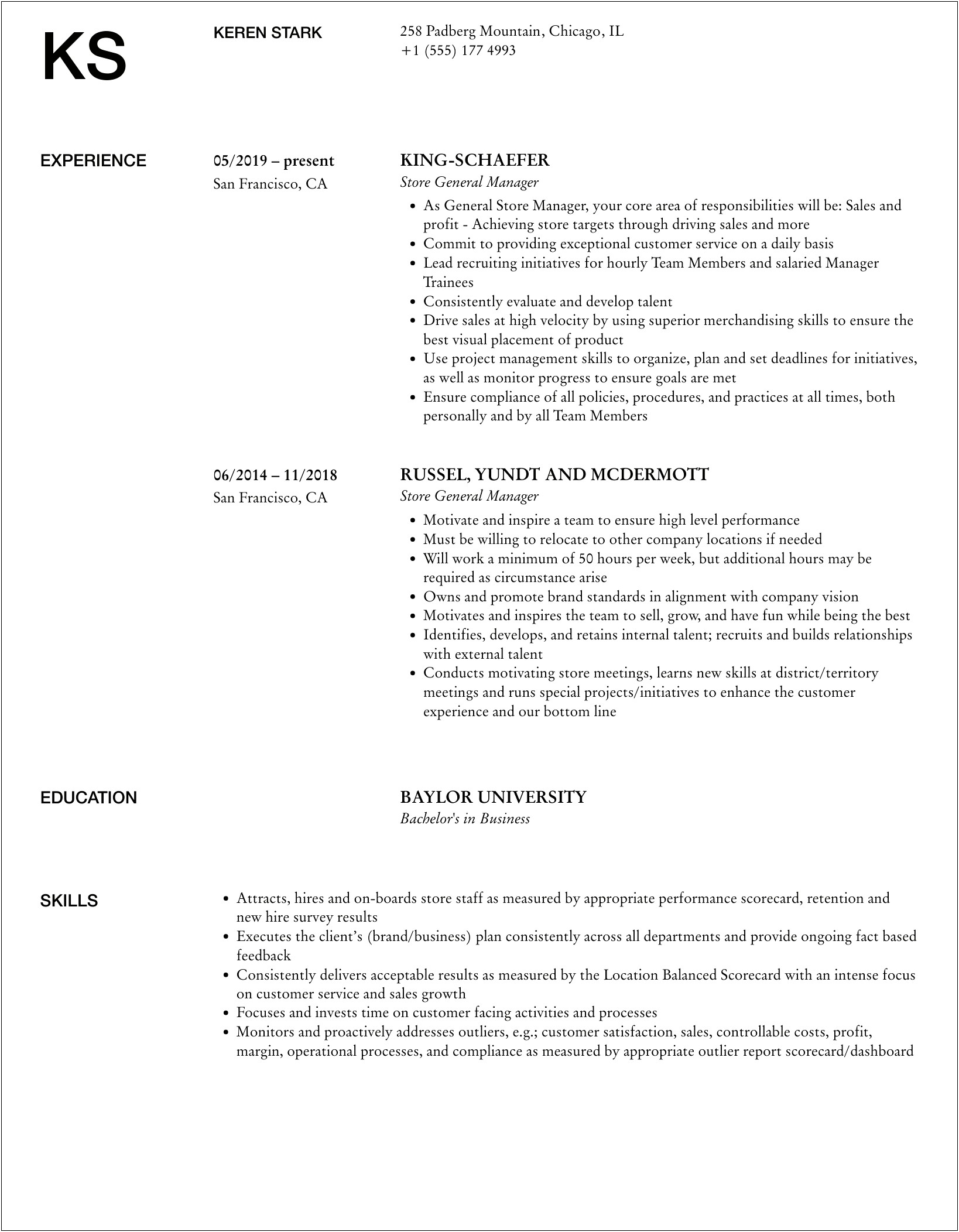 Gordon Food Service Store Manager Resume