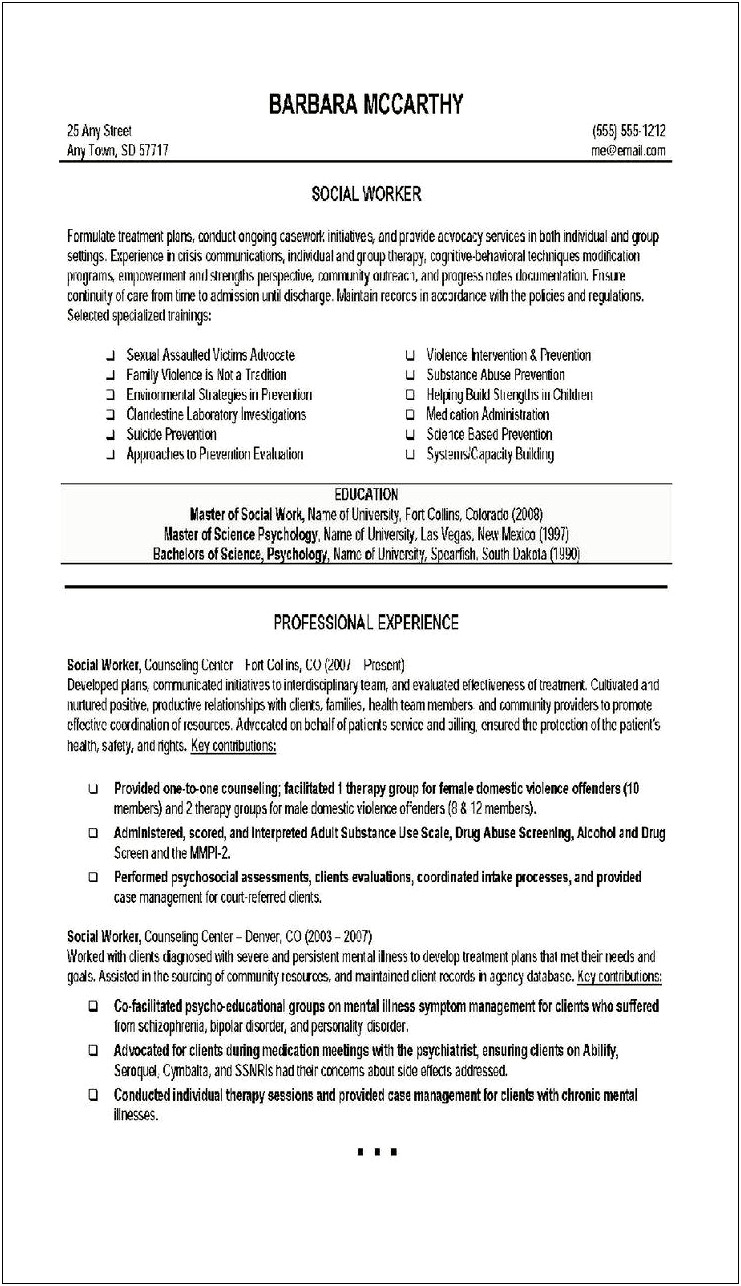 Government Resume Template Social Work Family Advocacy