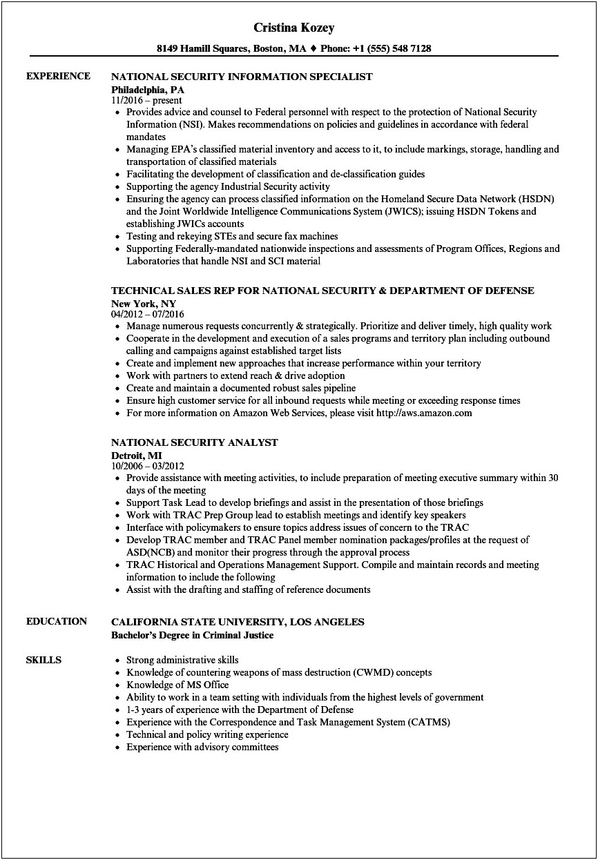 Government Security Clearance On Resume Example