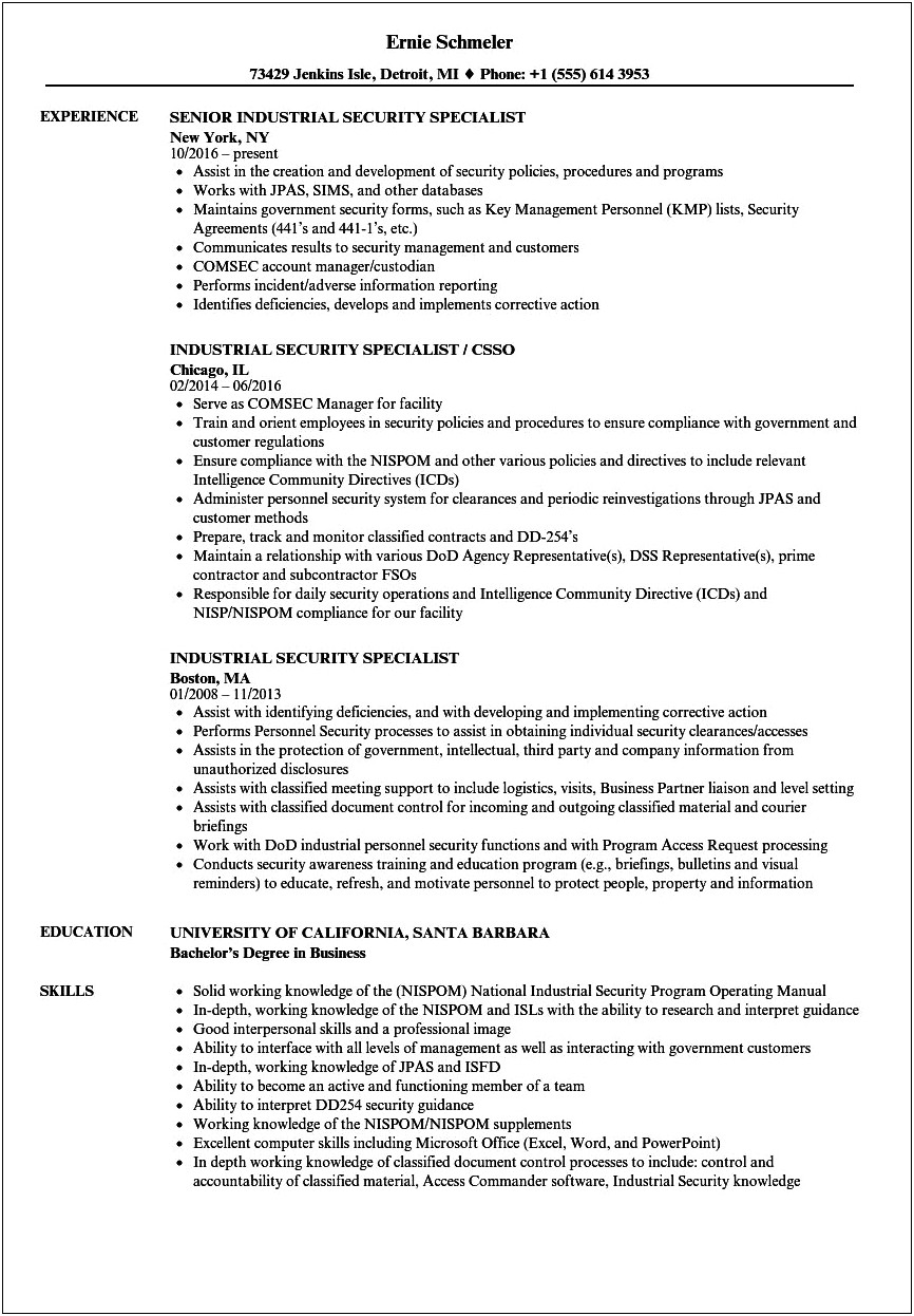 Government Security Clearance On Resume Sample