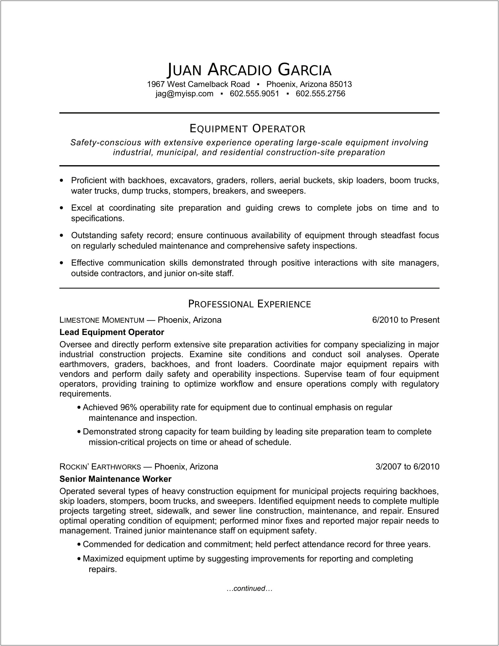 Great Heavy Equiment Resume Examples 2016