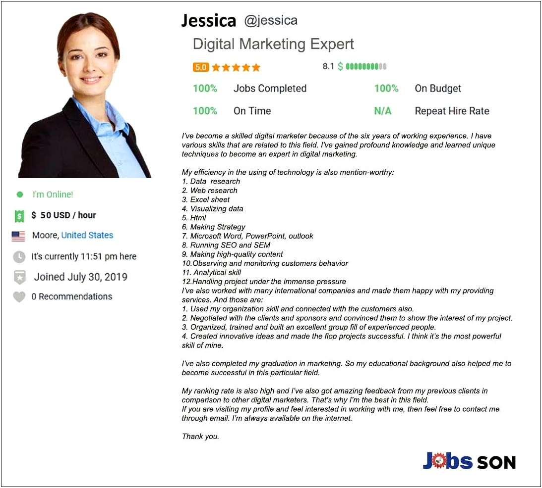 Great Resume Descirptio For Free Lance Marketer