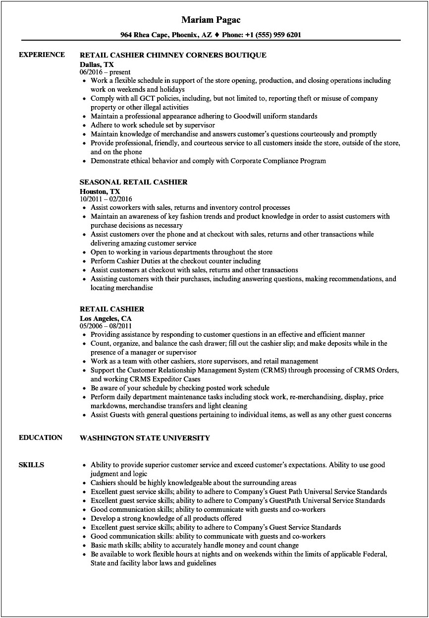 Grocery Store Chasier Experience In A Resume