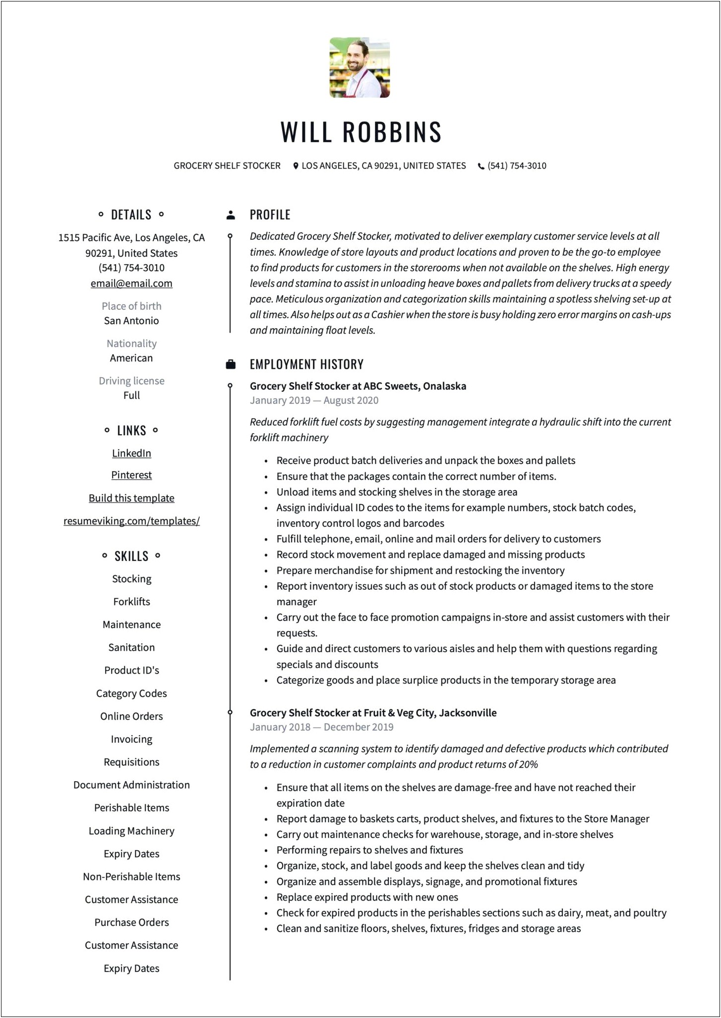 Grocery Store Stocking Resume No Experience