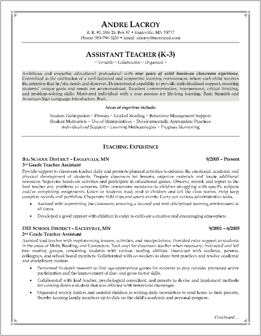 Gsrp Assistant Teacher Resume Summary Statement