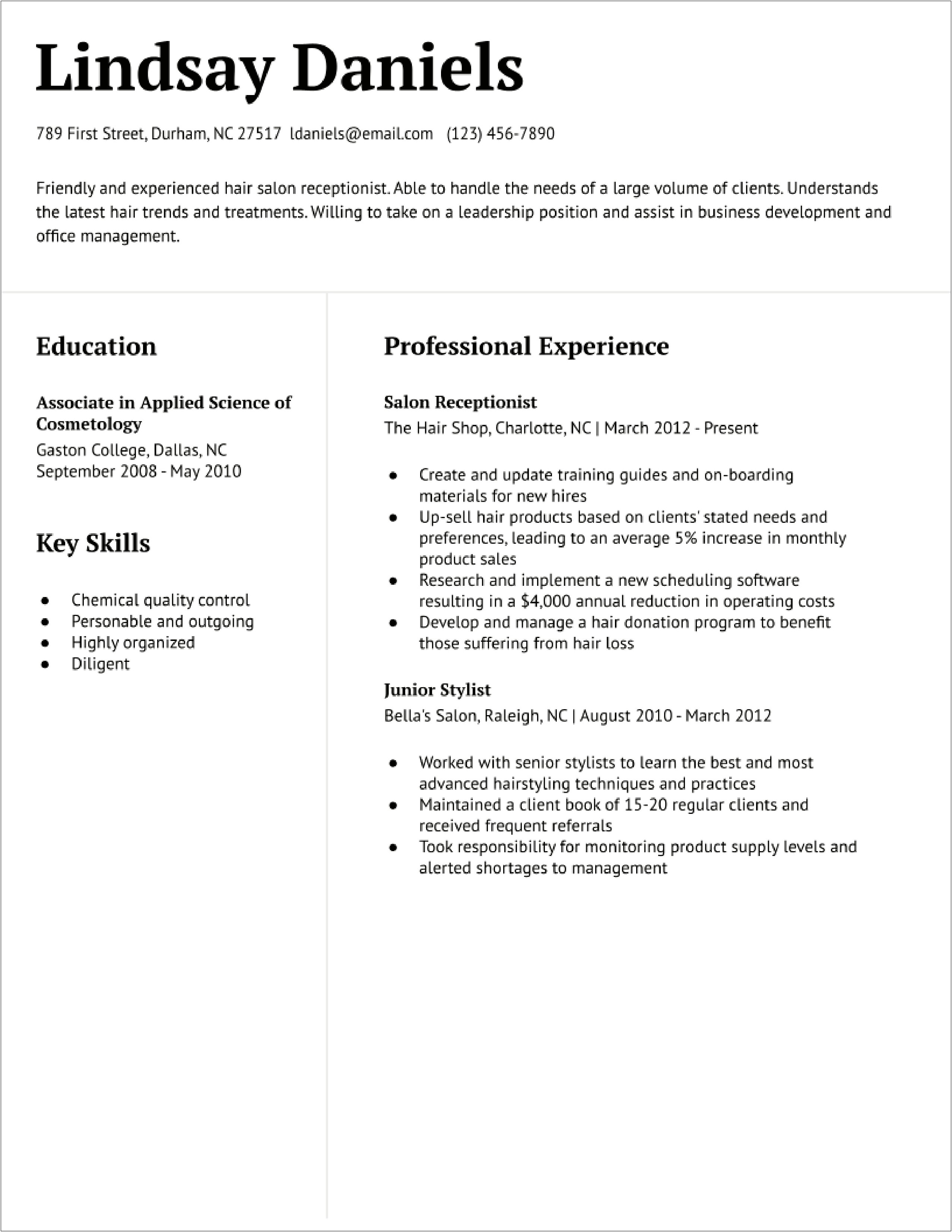 Hair Salon Receptionist Job Description For Resume