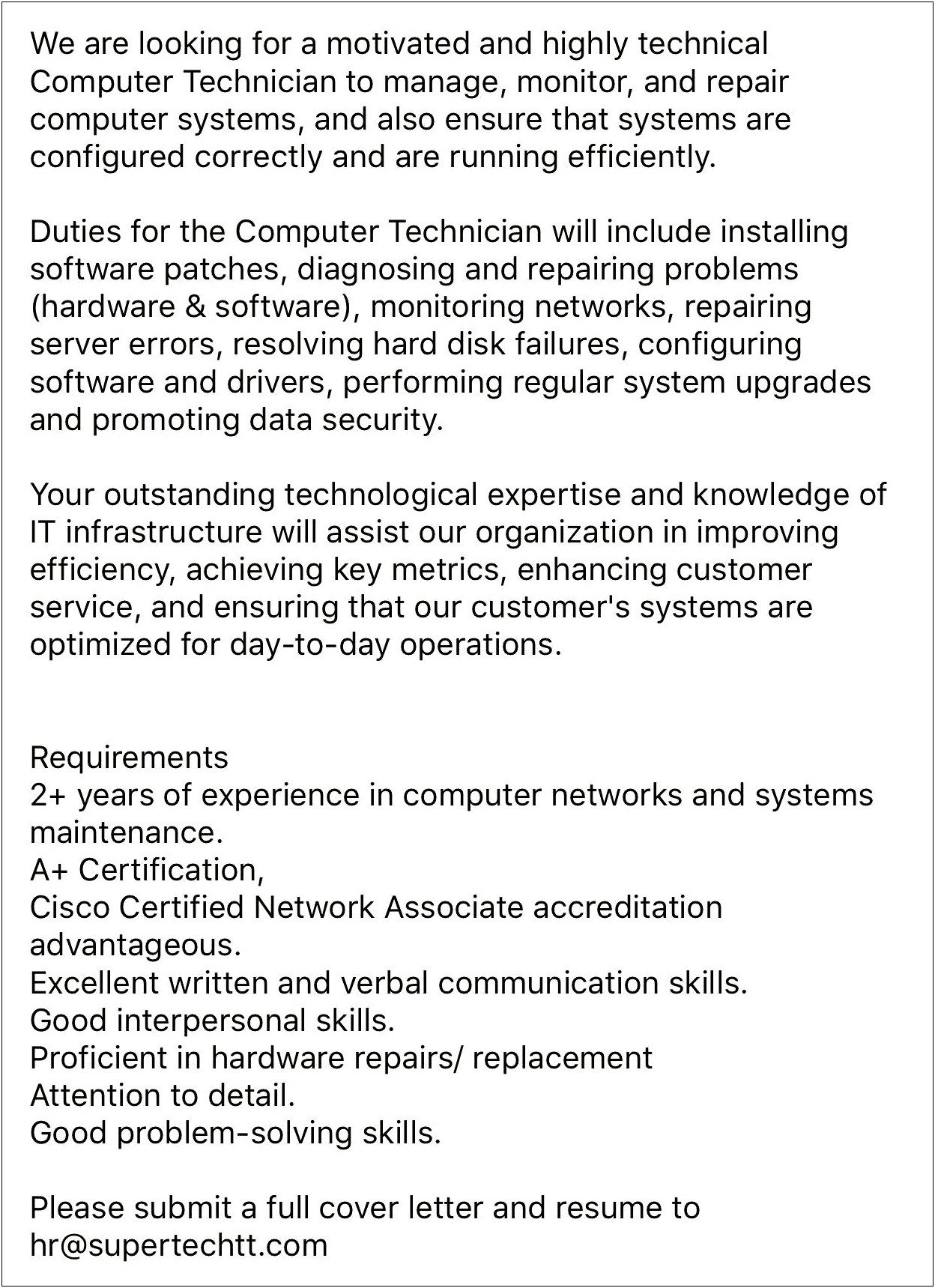 Hard Skills For Computer Technician Resume