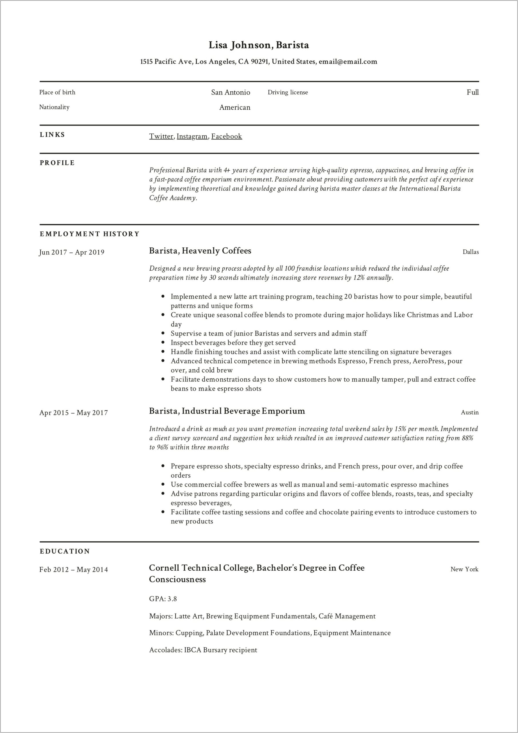 Hard Skills To Include In Resume Barist