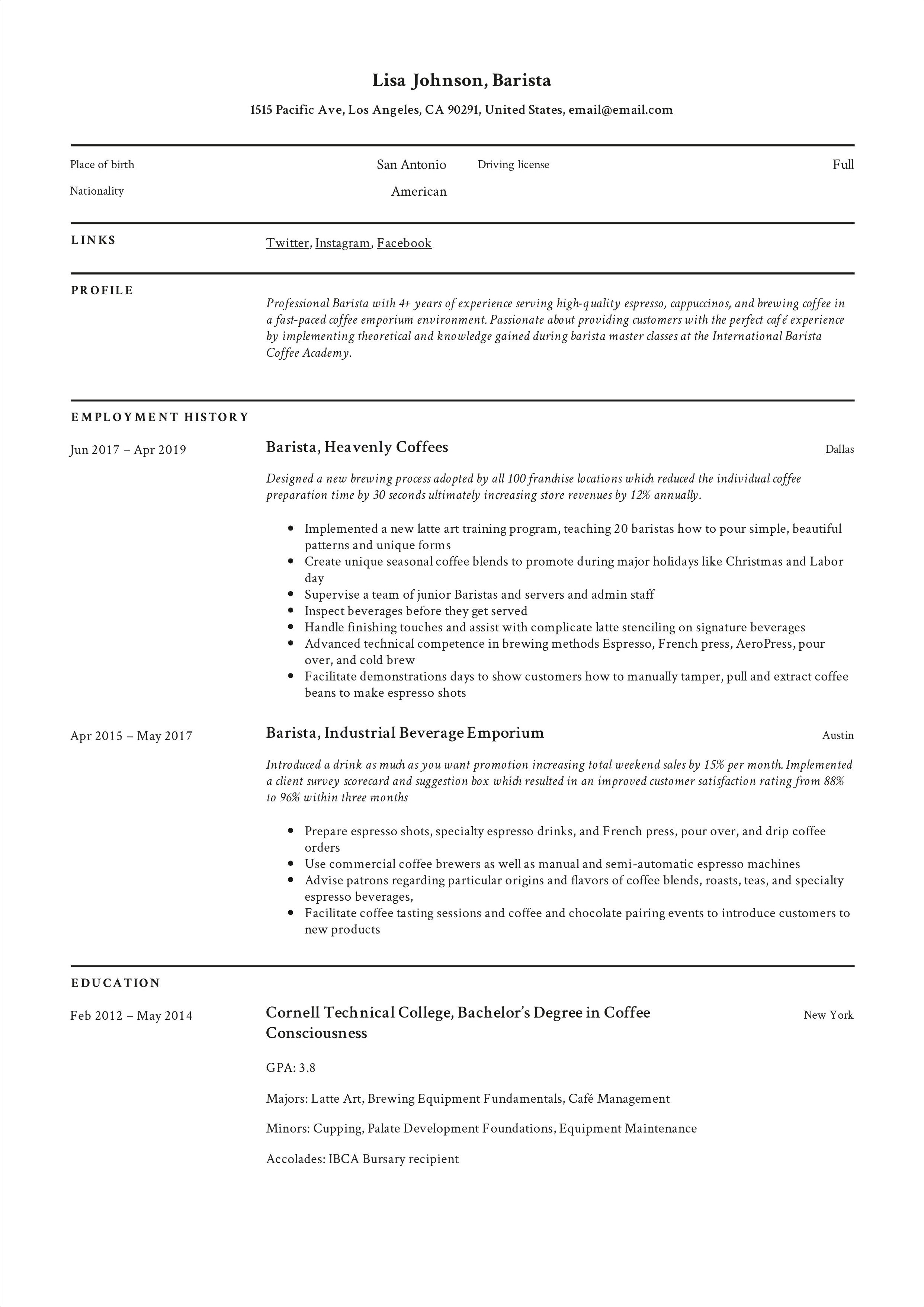 Hard Skills To Include In Resume Barist