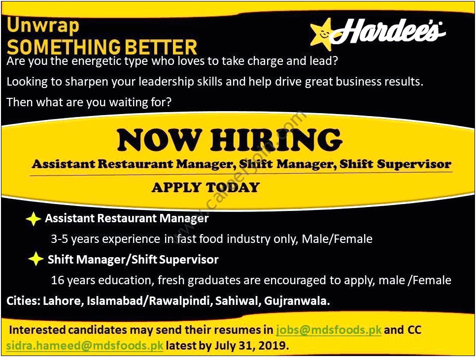 Hardee's Job Description For Resume