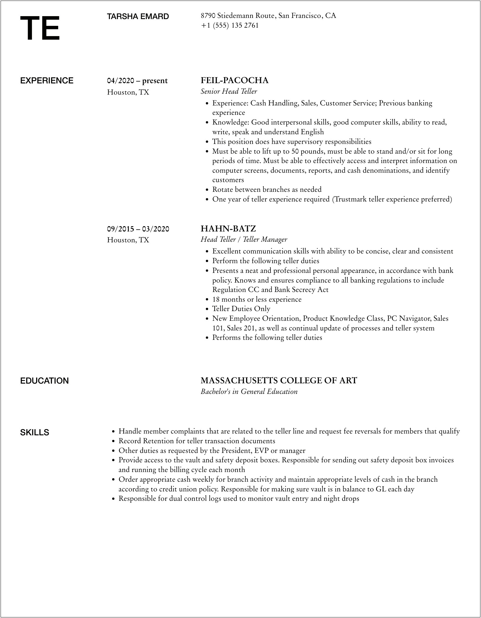 Head Teller Job Description For Resume