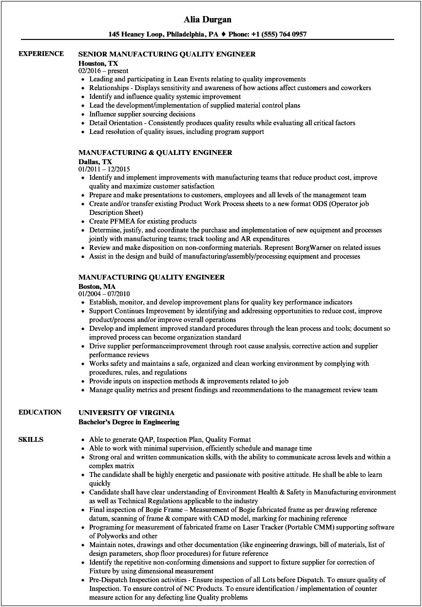 Headline Or Summary For Manufacturing Job Resume