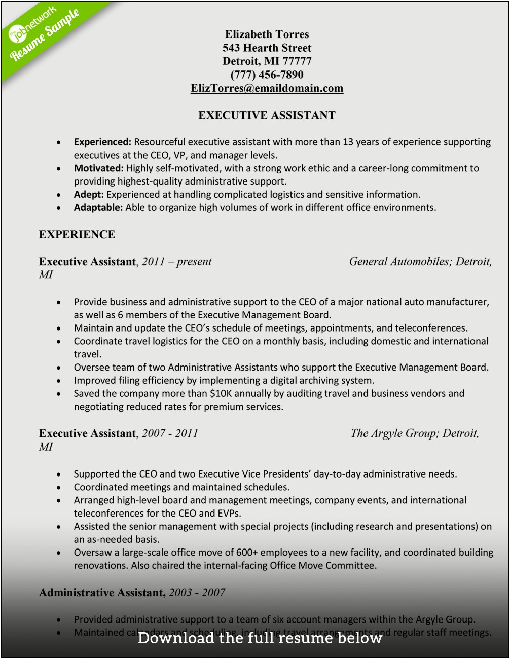 Headline Or Summary For Office Resume